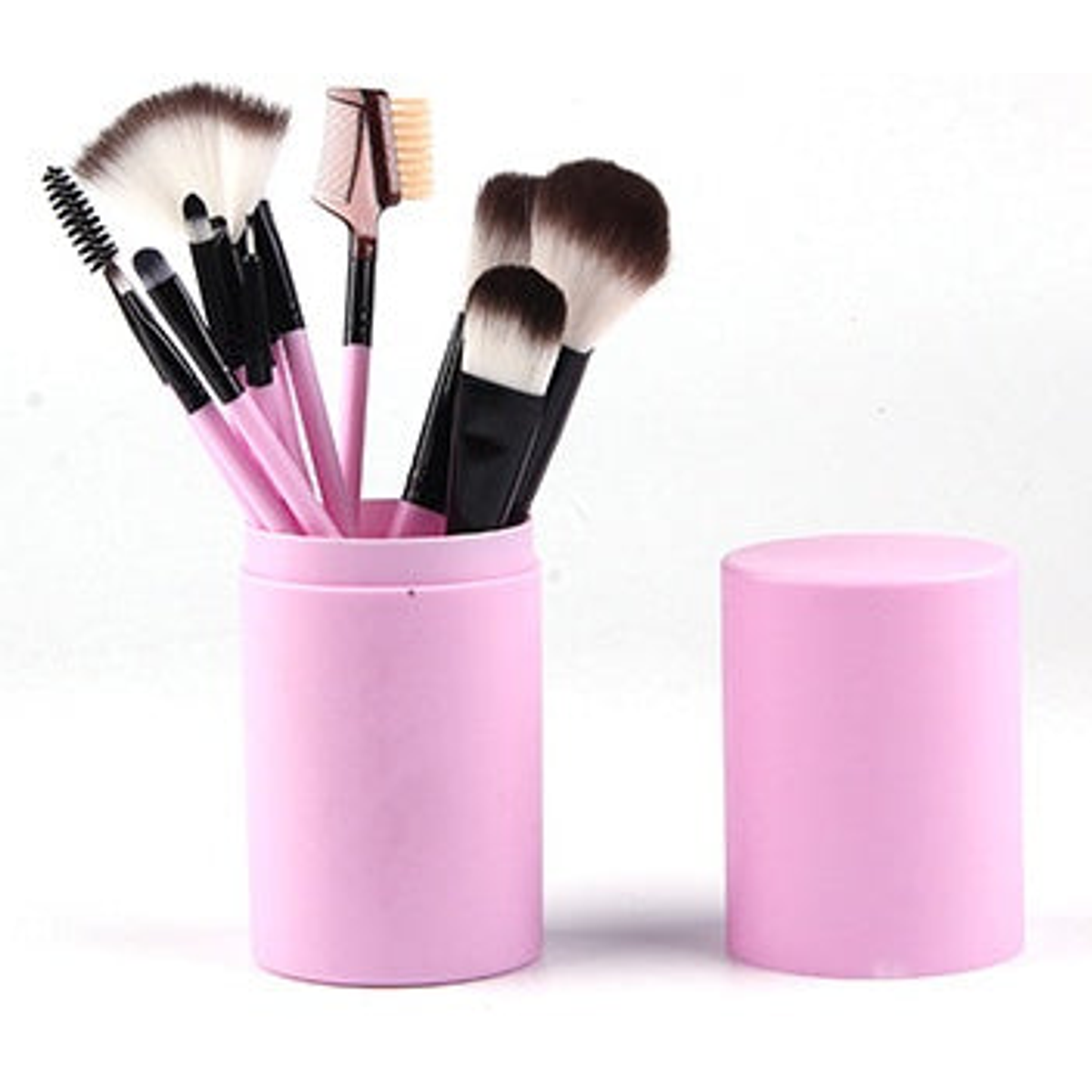 Pink makeup brush set shown upright in a matching cylindrical case