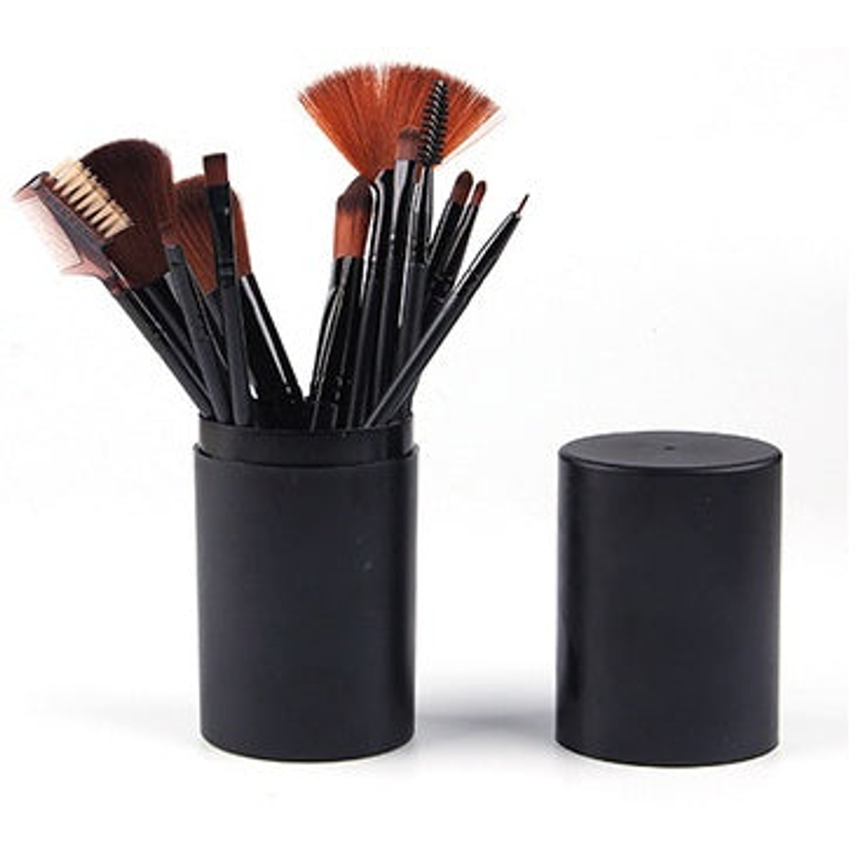 Black makeup brush set shown upright in a matching cylindrical case