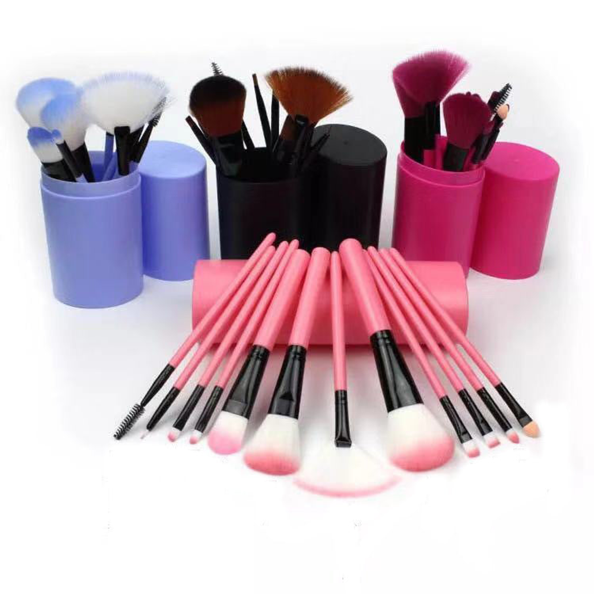 Blue, black, pink and rose makeup brush set color options with cylindrical cases