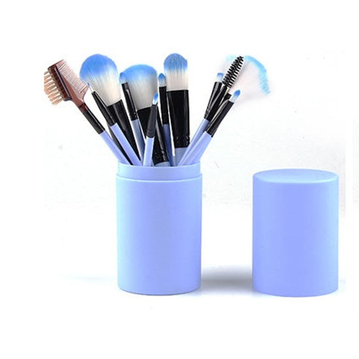 Blue makeup brush set shown upright in a matching cylindrical case