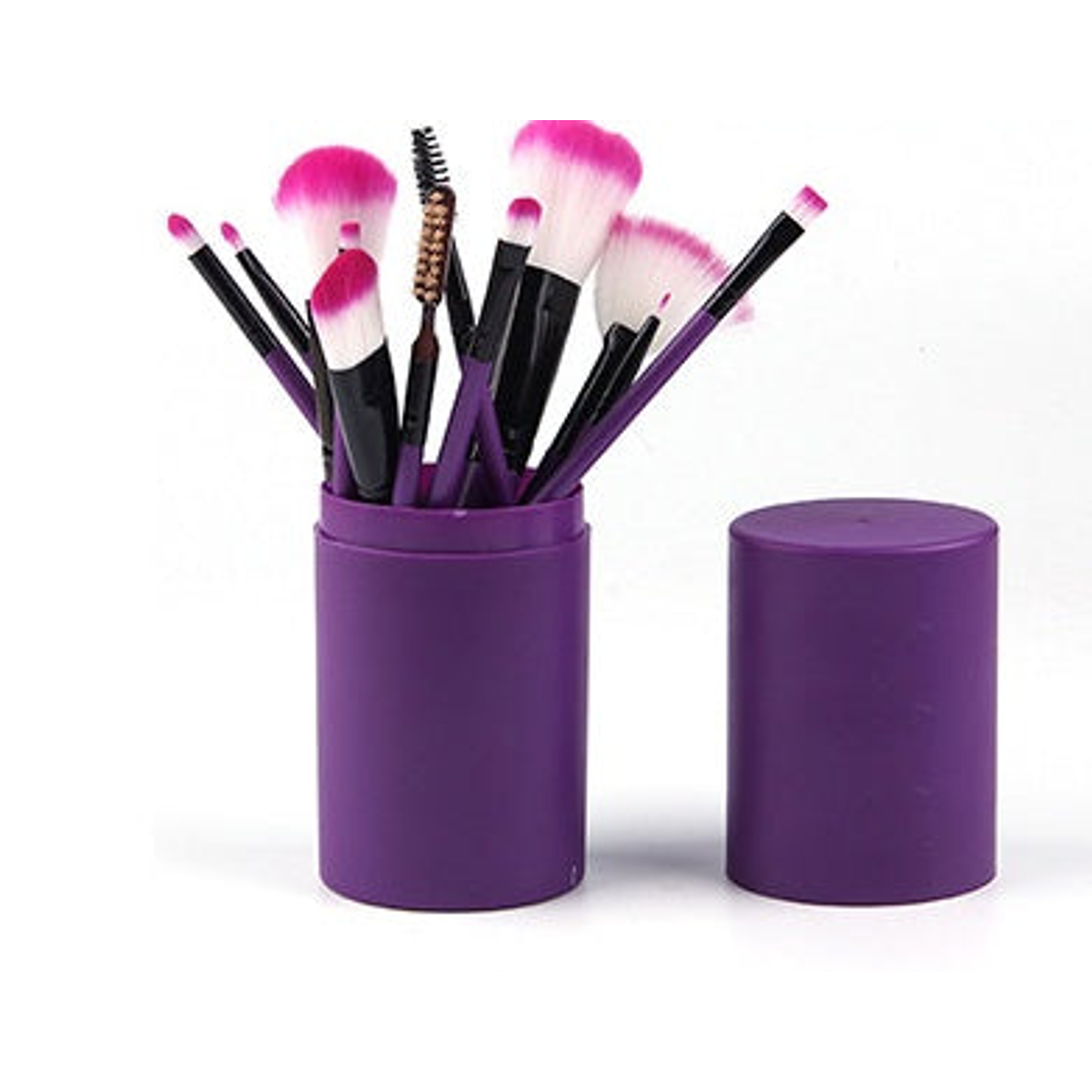 Purple makeup brush set shown upright in a matching cylindrical case