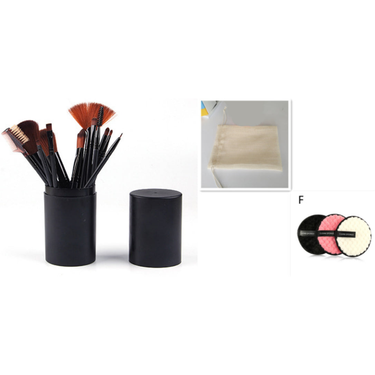 Black brush set beside an illustration of a storage bag and round makeup puffs