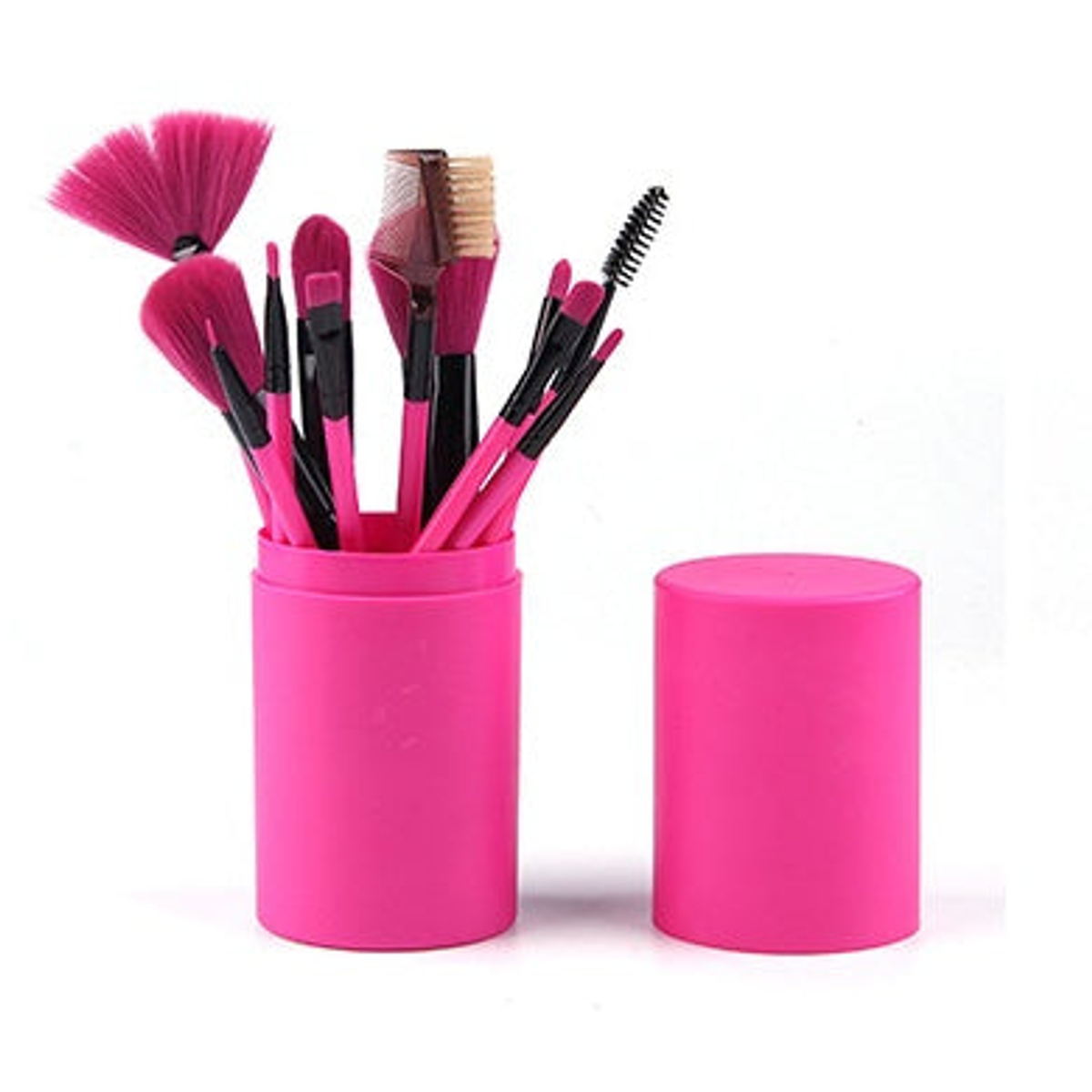 Bright-pink makeup brush set shown upright in a matching cylindrical case