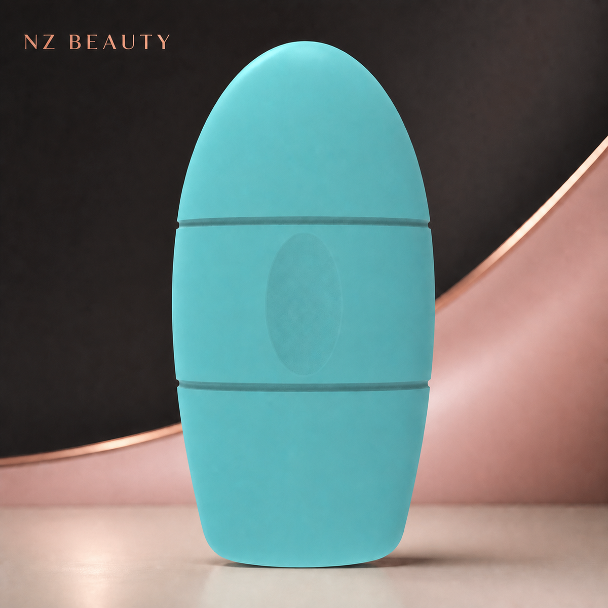 Turquoise reusable silicone ice facial roller in a black and blush NZ Beauty studio setting