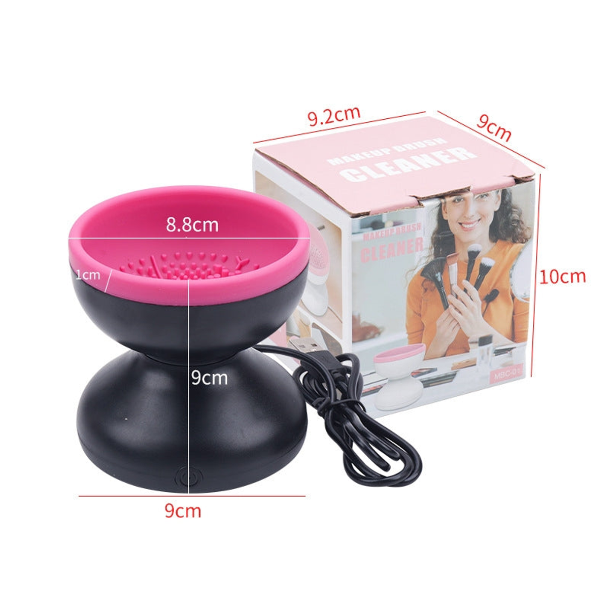 Black and pink electric makeup brush cleaner with USB cable and dimensions
