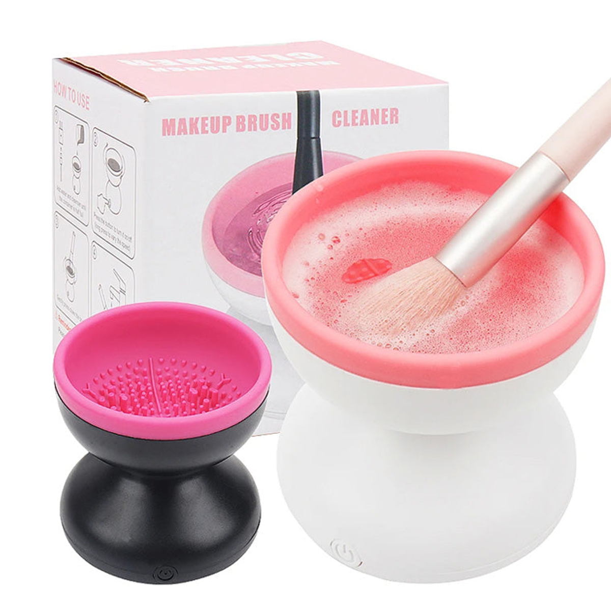 Black-pink and white-pink electric brush cleaners shown cleaning makeup brushes