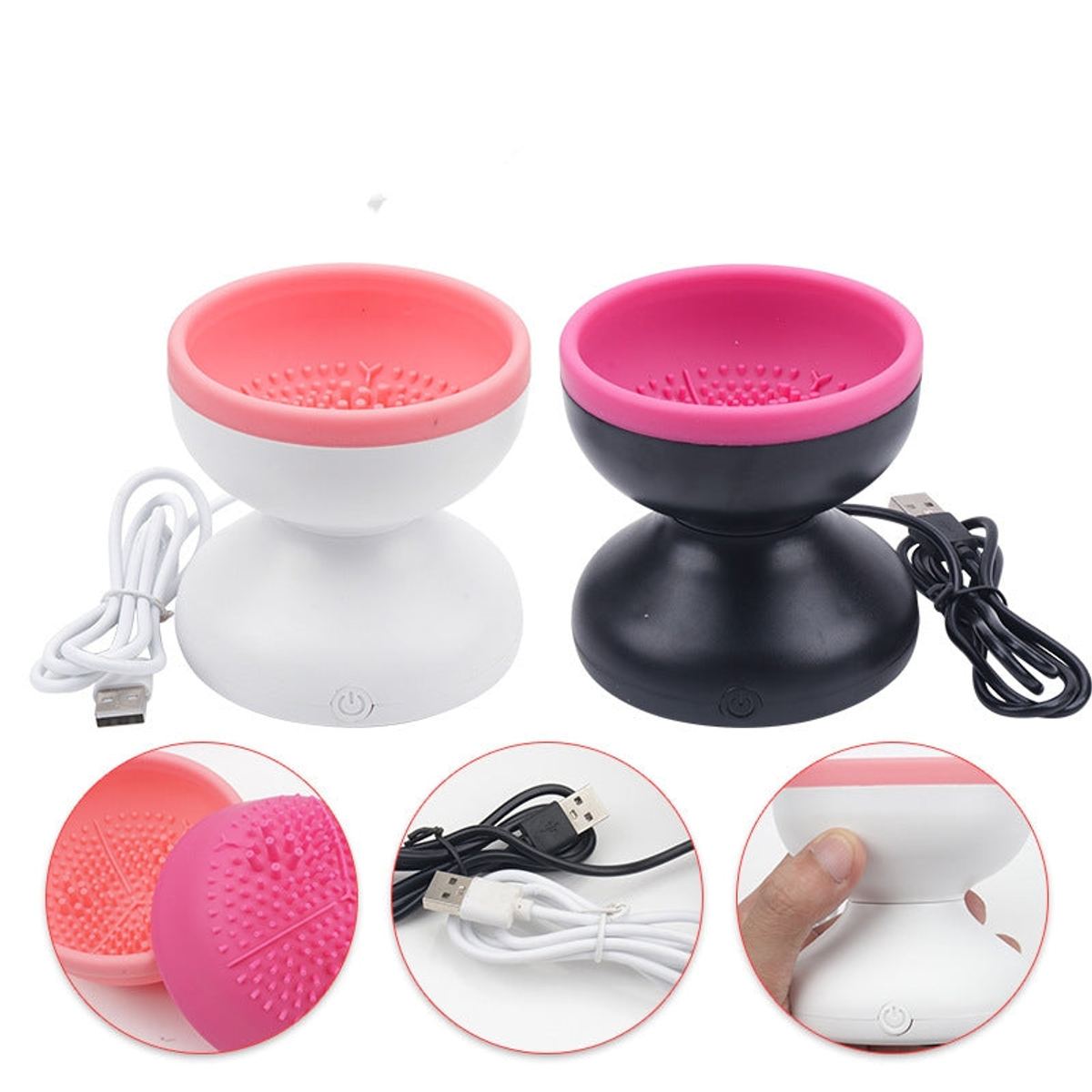 White-pink and black-pink electric brush cleaners with USB cables and detail views