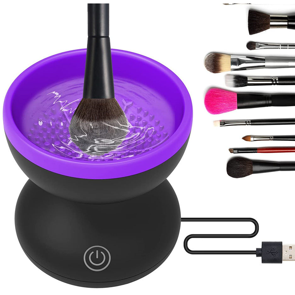 Purple and black USB electric cleaner washing a makeup brush