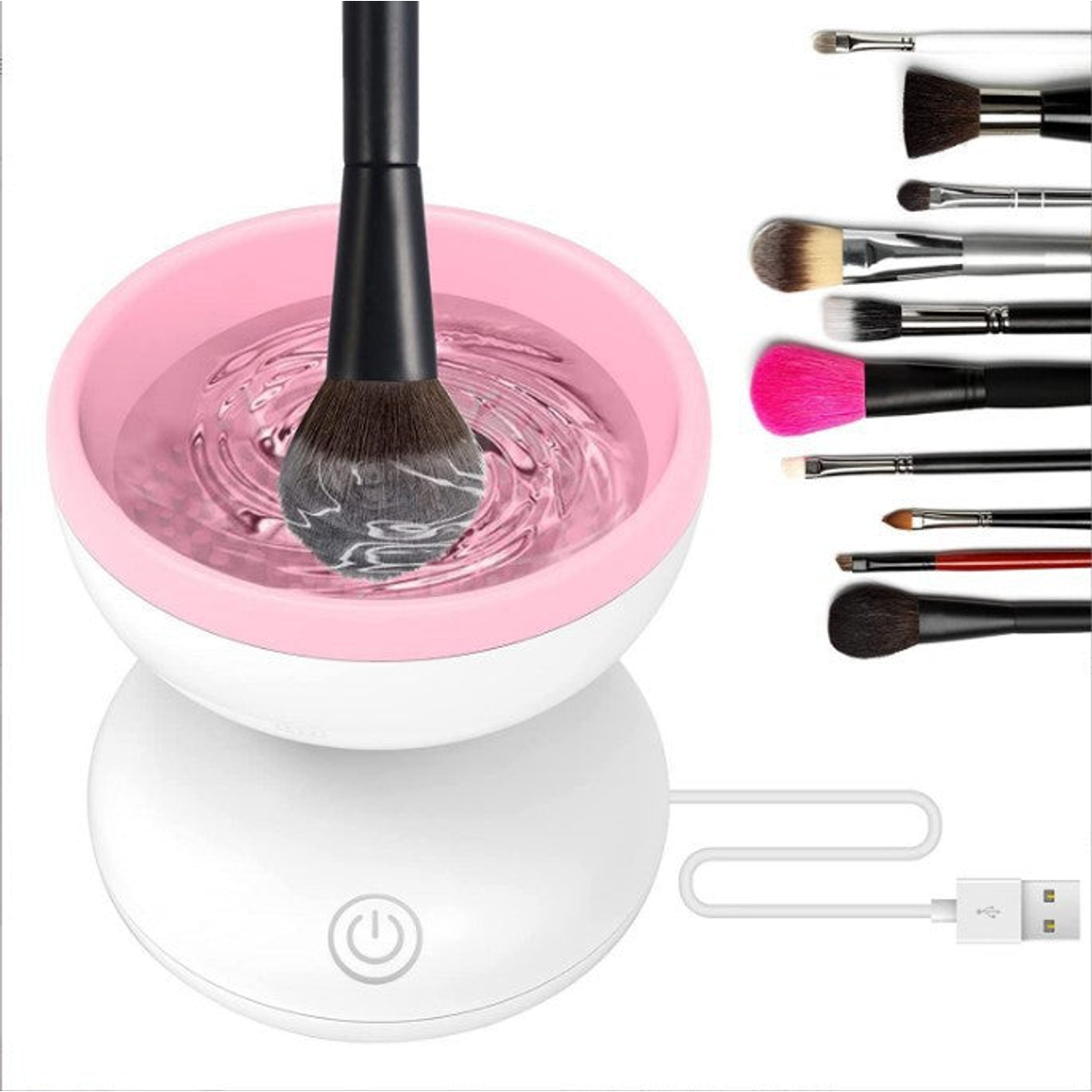 White and pink electric makeup brush cleaner with USB power cable