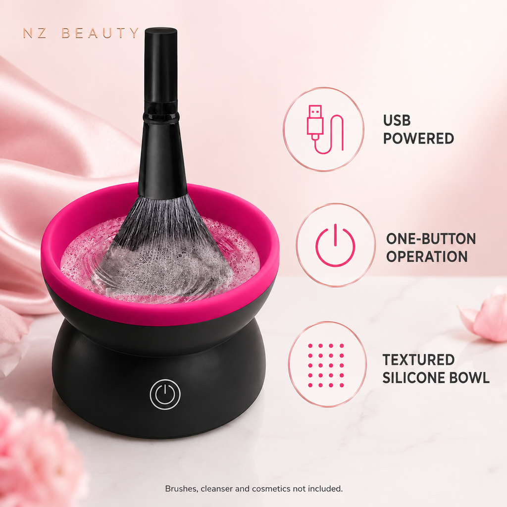 NZ Quick-Clean electric brush tool infographic showing USB power, one-button operation and textured silicone bowl