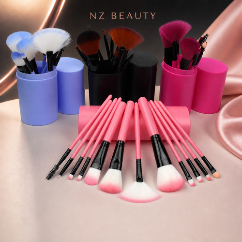 Pink, black and blue 12-piece makeup brush set color options with cylindrical cases; colors sold separately