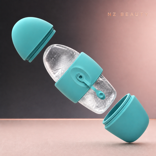 Exploded view of turquoise reusable silicone ice facial roller with removable frozen core