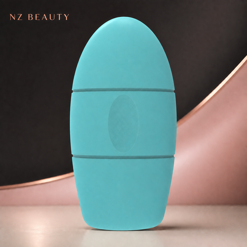 Turquoise reusable silicone ice facial roller in a black and blush NZ Beauty studio setting