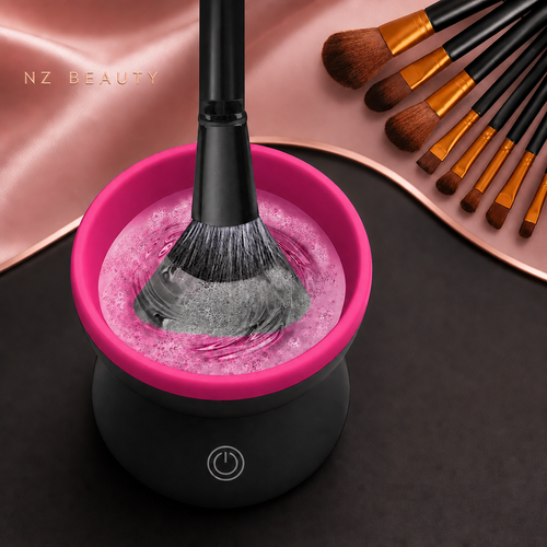 Black and rose electric makeup brush cleaner in an NZ Beauty studio setting